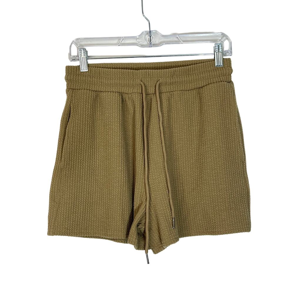 Elodie Tan High Waisted Textured Drawstring Elastic Waist Comfy Shorts Size M